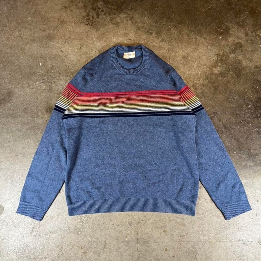 Marine Layer Blue Crewneck Sweater with Red, Yellow & Black Stripes